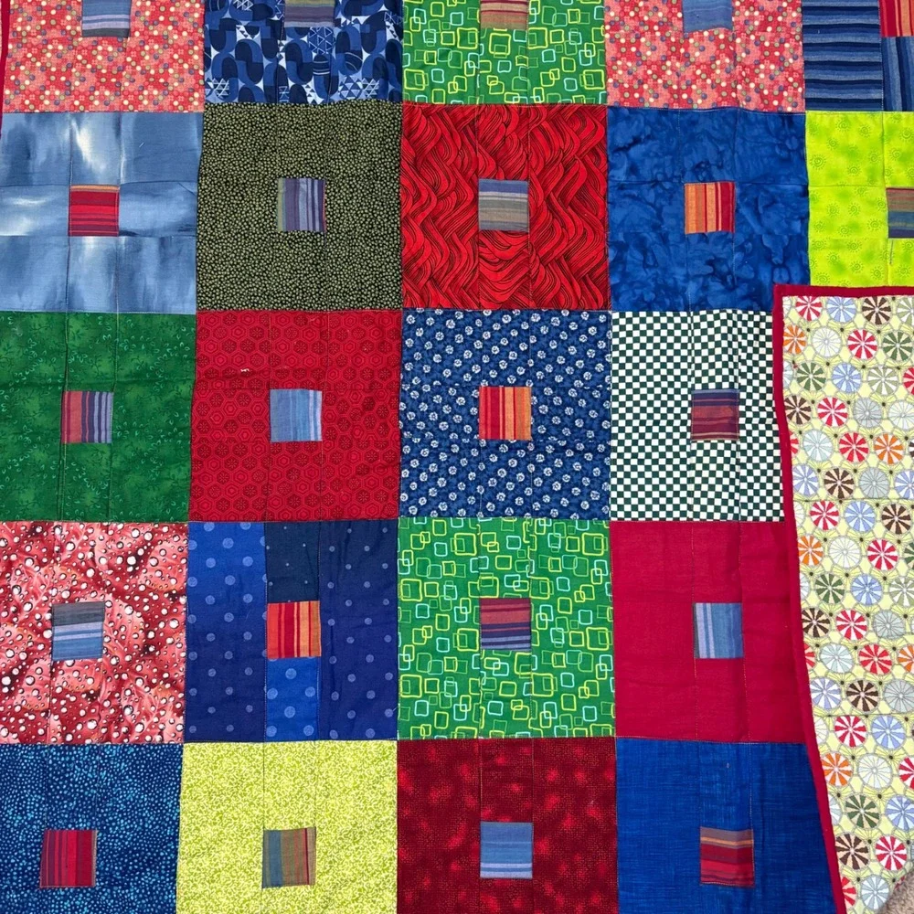 Handmade Patchwork Quilt Multi Pattern Geometric Floral Red Blue Green 53x39
